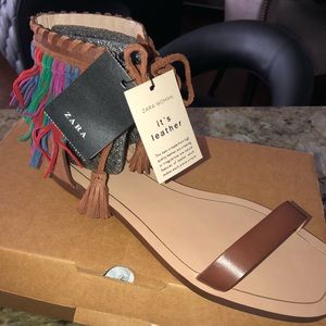 Zara brown/ multicolor suede fringe flat sandal